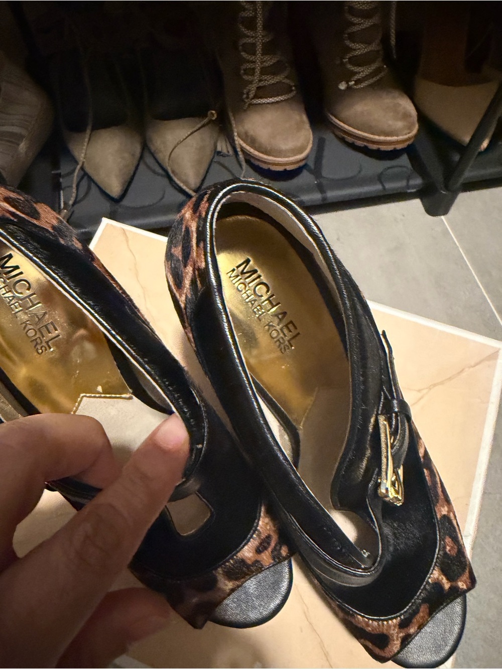 Michael Kors Leopard Print Peep-Toe Mules with Black Trim